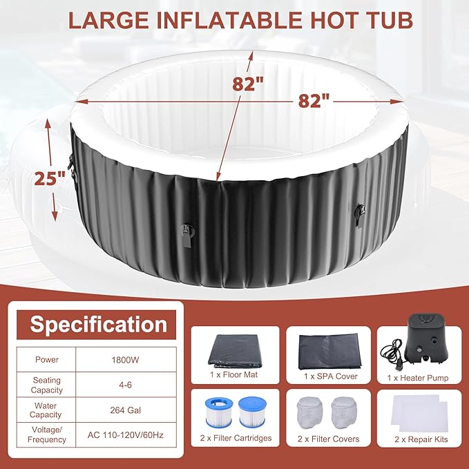 LILYPELLE 4-6 Person Inflatable Hot Tub, Large Round Portable Bathtub with 130 Bubble Jets, Outdoor Spa Set Included Heater Pump, Filter and Spa Cover, 82" X 82" X 25"