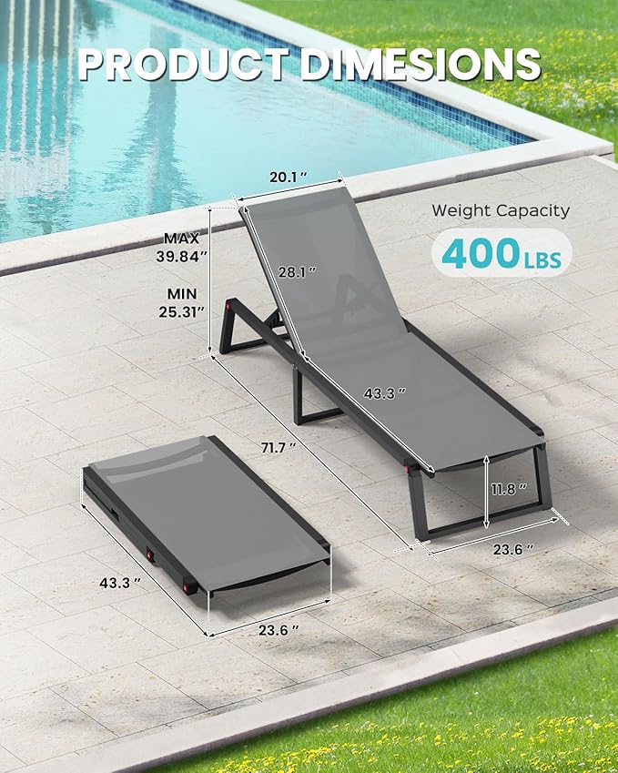 Aluminum Chaise Lounge Chair Outdoor, Foldable & Assembly Free Patio Pool Lounge Chairs 5-Position Recliner for Outside Poolside, Fully Grounded Legs Sun Lounger for Beach, Yard, Dark Gray