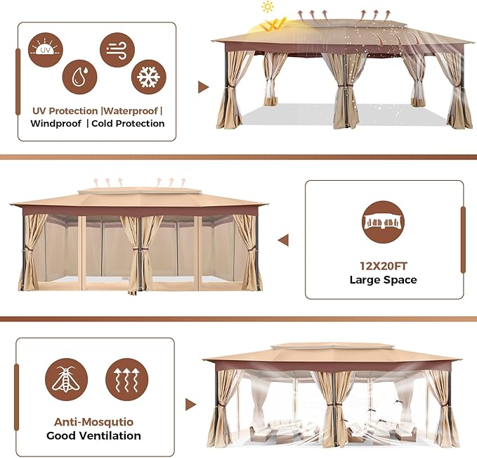 COBIZI Gazebo 12x20 Heavy Duty Gazebos with Curtain and Netting Outdoor Gazebo Canopy Double Roof Patio Gazebos with Metal Steel Frame for Patio, Deck, Backyard (Khaki)