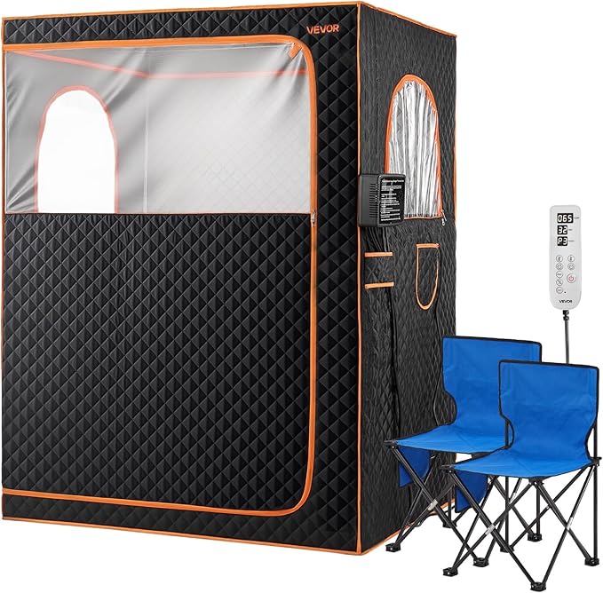 VEVOR 2 Person Portable Infrared Sauna for Home, Upgraded Full Body Home Spa Tent with 2 Foldable Chairs & Heated Mat & Remote,9-Level Temp Control Sauna Box for Relaxation & Stress Relief, (Black)