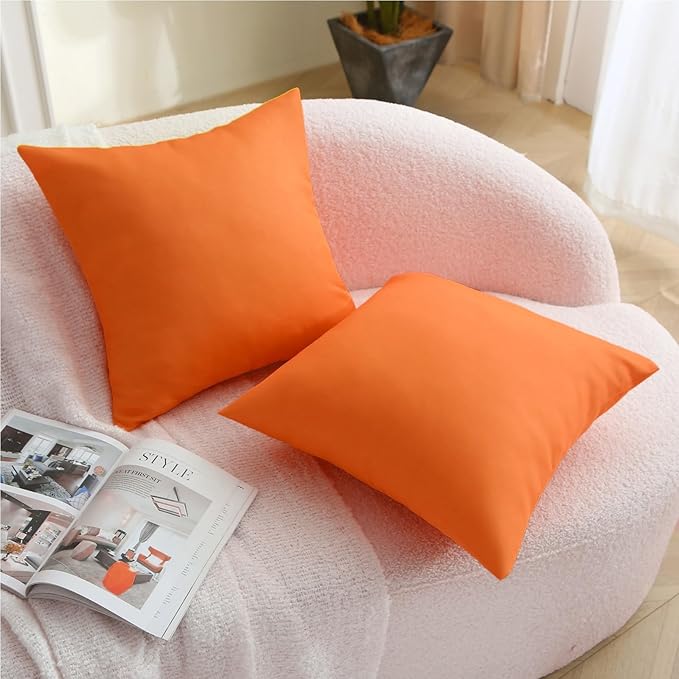 18" x 18" Throw Pillows, Outdoor Waterproof Pillows with Inserts, Square Decorative Pillows for Patio Furniture Garden Couch Sofa Home(Orange, Set of 2)