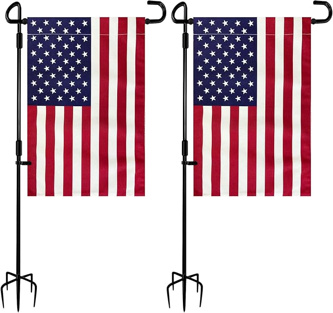 TOPFLAGS 2 Pack Garden Flag Stand with American Flag Garden Flag Heavy Duty Metal Yard Flag Holder Pole Stake Small Flag Stands for Garden Flags 12 x 18 with Clips and Stopper