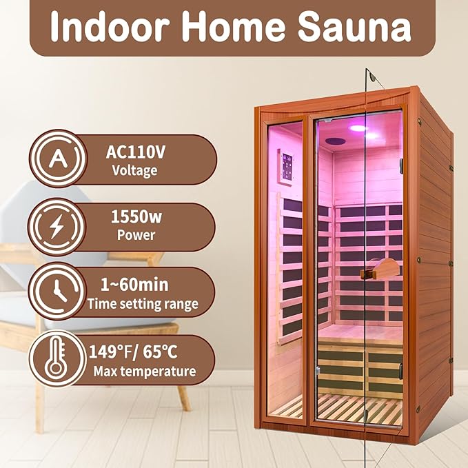 Home Far-Infrared Sauna Cabin - for 1-2 Persons Low Electromagnetic Radiation 1550W Indoor Spa Room Featuring Multicoloured Lighting Bluetooth Speaker and Control Panel