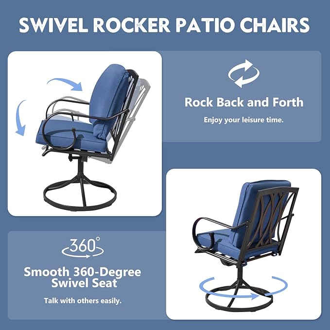 MELLCOM Patio Swivel Chair Set of 6, Heavy Duty Outdoor Dining Chairs with Thickened Cushions, Metal Patio Chairs Gentle Rocker for Outside, Blue