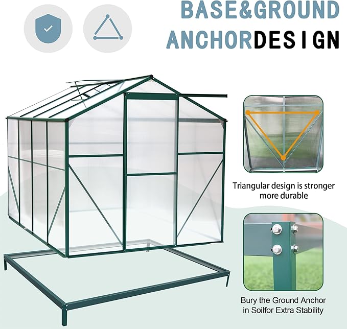 KEIKI 6x8 FT Greenhouse for Outdoors, Heavy Duty Polycarbonate Large Walk-in Greenhouse with Double Doors and Two Ventilation Windows for Outside Green House Garden Backyard