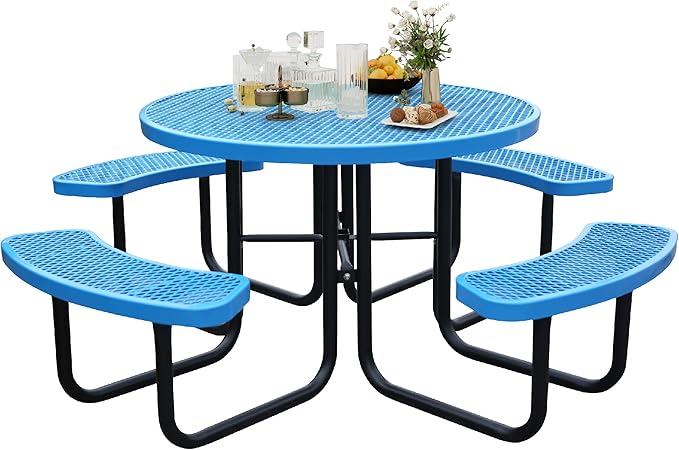 8-Person Picnic Tables for Outdoors, Industrial 46" Expanded Metal Round Picnic Table with 4 Benches & Umbrella Hole, Outside Table and Bench Set for Park, Garden, Backyard, Patio, Blue