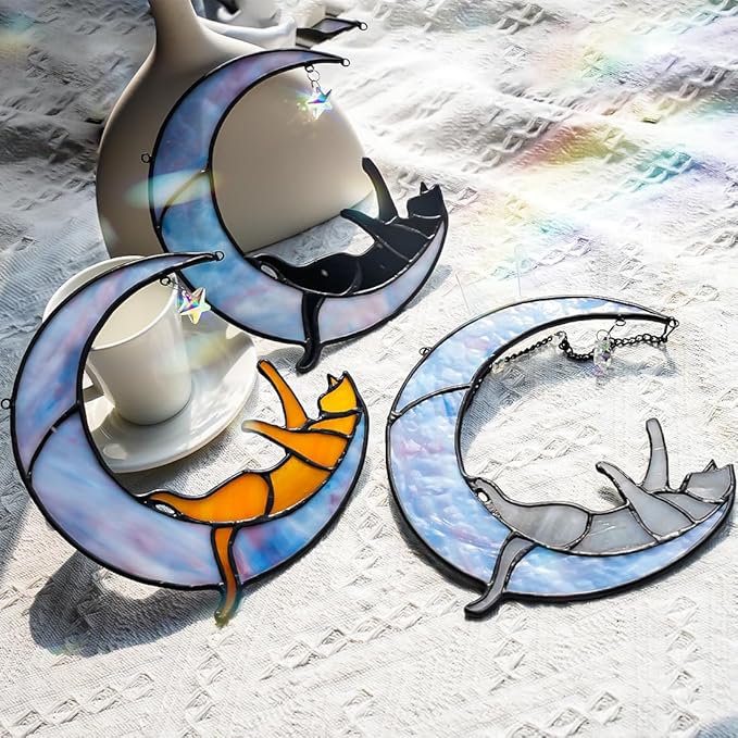 Orange Cat on Moon Stained Glass Suncatchers Star Crystal Decor,Rainbow Stained Glass Window Hangings,Funny Cat Lover Themed Gifts for Women Mom