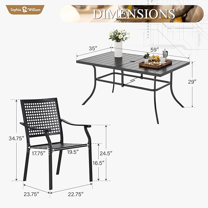 Sophia & William Patio Table and Chairs Set, Outdoor Dining Set for 6, 7 Piece Metal Patio Furniture, 60" Black Rectangular Table(Beehive)
