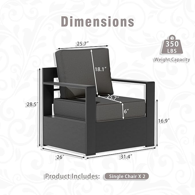 3 PCS Aluminum Patio Conversation Set - Outdoor 3-Seater Sofa, 2 Fixed Chair with 6" Thick Water-insistant Cushions, All-Weather Use Frame, Removable Cover, Ideal for Garden, Poolside (Grey)