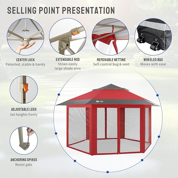 CROWN SHADES 12x12 Pop up Gazebo with Mosquito Nettings, Patented Center Lock 6-Sided Portable Gazebo, 300D Silver-Coated Fabric UV Resistant, Pop Up Canopy Tent for Patio, Party, Red&Grey