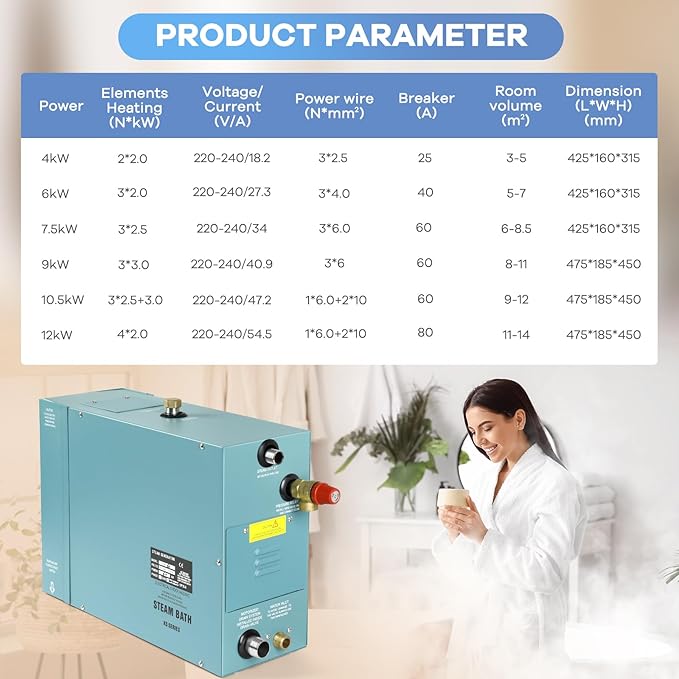 Kooby 6KW Luxury Self-draining Steam Generator Shower Sauna Bath Home Steam Bath Spa Generator with Waterproof Control and Auto Drain 95-131℉ for Max Space Heating 6 m³ (215 ft3)