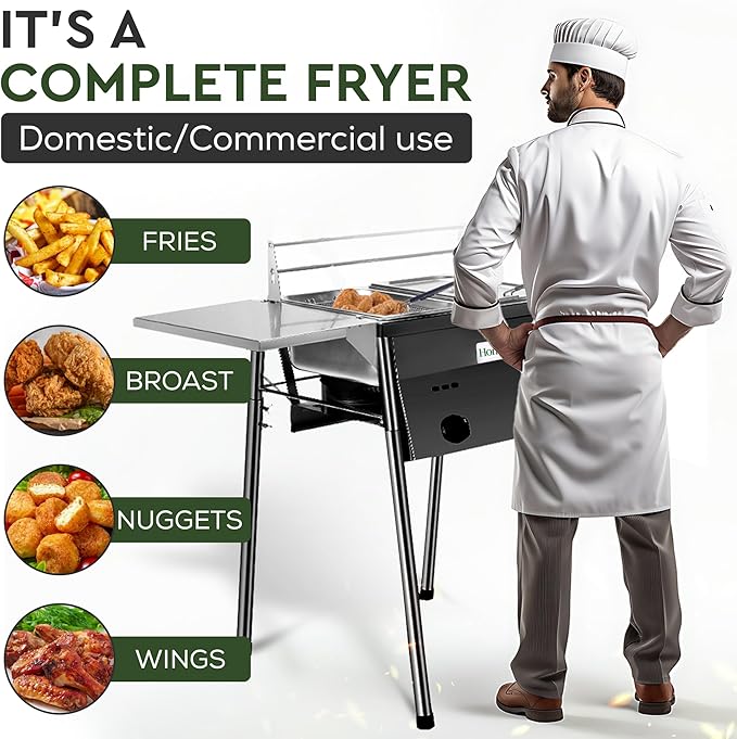HOMIRA Iron Two-Tank Propane Deep Fryer with Thermometer, 2 Stainless Steel Baskets and Lids Fish Fryer with Adjustable Temperature Regulator, Outdoor Dual Fryer for Frying