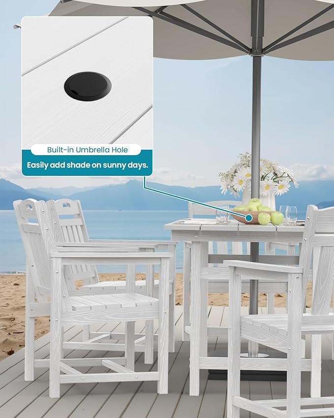Ciokea HDPE Outdoor Dining Set 7-Piece Patio Table and Chairs with Umbrella Hole, All-Weather Patio Dining Set for 6, Durable Patio Furniture Set for Backyard, Garden, Lawn & Poolside, White