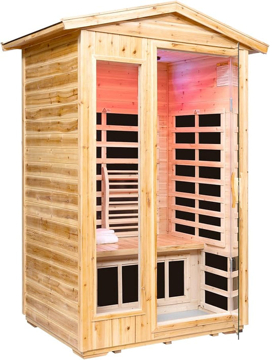 Far Infrared Sauna Room for 2 Persons Low EMF Home Indoor/Outdoor Saunas Canadian Premium Hemlock Wood-Sweating Detox-Colored Light Spectrum-LCD Display-Bluetooth