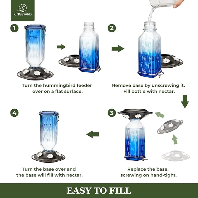 Kingsyard Glass Hummingbird Feeder for Outdoor Hanging, 24 Ounces, 6 Feeding Ports, Bird Nectar Feeder for Garden Décor, Ant Moat Included, Blue