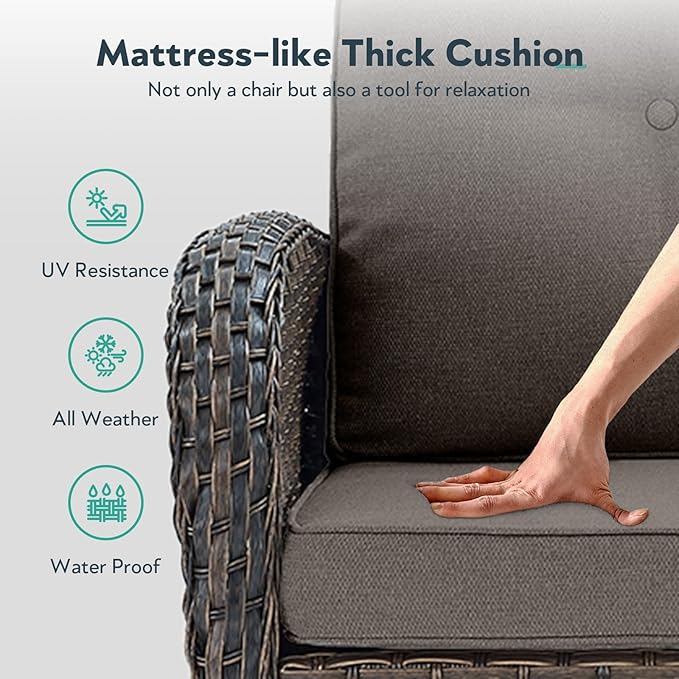5 Piece Patio Furniture Set - Wicker Patio Conversation Set with Swivel Glider, Glider Loveseat, Tempered Glass Side Table and Coffee Table for Deck Backyard - Brown Wicker Grey Cushion