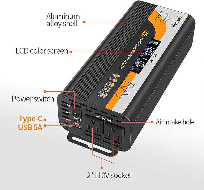 500W Pure Sine Wave Inverter (1000W Peak), 12V/24V Auto-Detect, 50Hz/60Hz Switchable, LCD Display, Type-C Fast Charging, Silent Design, Overload & Overheat Protection for RV, Home (Black-500W)