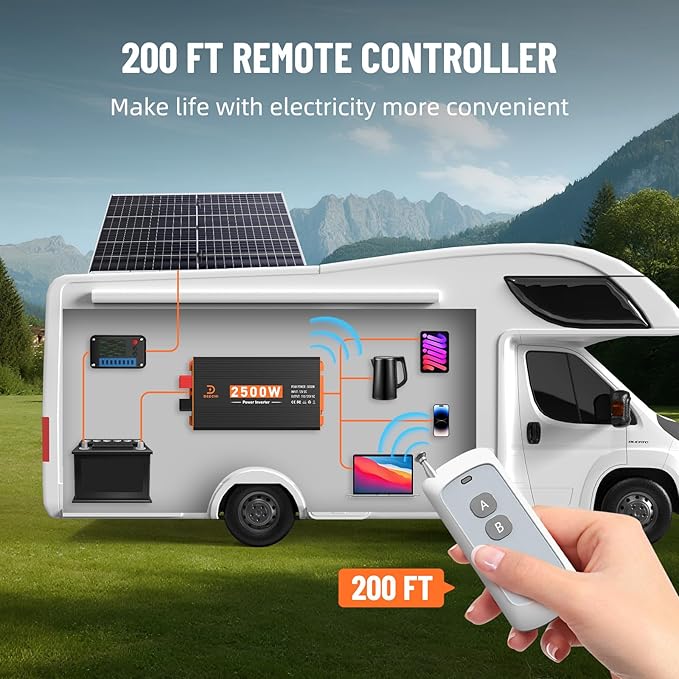 2500W Power Inverter 12V DC to 110V/120V AC Converter for RV/Truck/Boat/Camping/Off-Grid Solar Car Power Inverter Peak Power 5000W with 3 AC Outlets,USB & Type-C Port, Remote Controller & LCD Screen