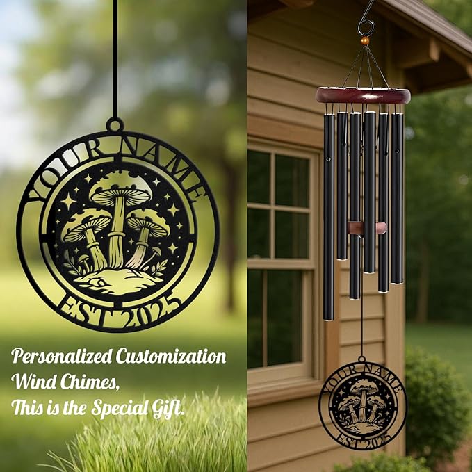 Personalized Customize Name Fantasy Mushroom Wonderland Wind Chime, Metal Iron 37 Inch Outdoor Memorial Gift for Garden Yard Patio Home Decor, Black (Style G)