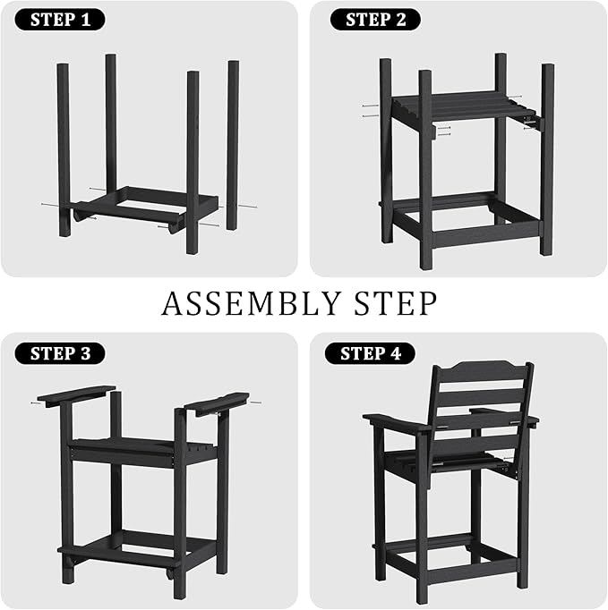 OTSUN 24 Inch HDPE Counter Height Outdoor Chair, All Weather Resistant Adirondack Bar Stools for Balcony, Porch Kitchen(1 PC, Black)