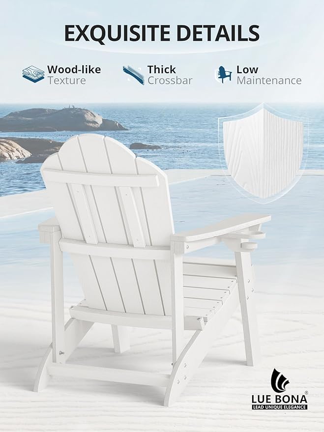 LUE BONA HDPE Adirondack Chairs Set of 2,Plastic Adirondack Chairs with Cup Holder Weather Resistant for Outdoor, Patio, Lawn, Garden, Backyard Deck, Fire Pit, White