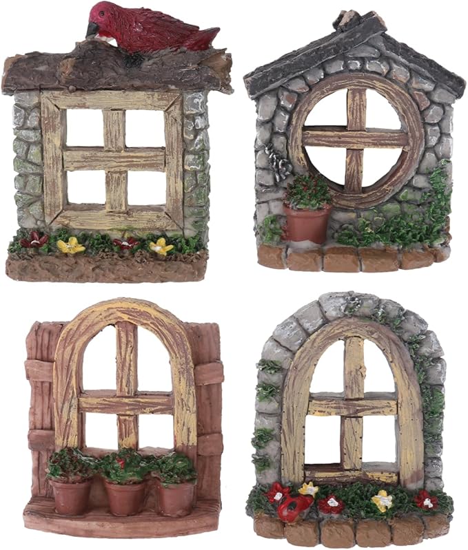 VOSAREA 4PCS Fairy Garden Windows and Door Set - Miniature Resin Gnome House Accessories for Outdoor Decor - for Trees Yards and Micro Landscapes