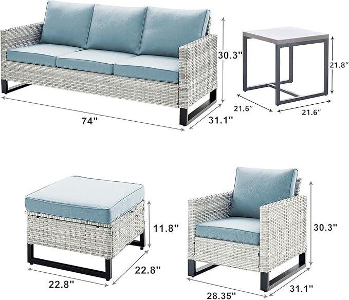 Rilyson Wicker Outdoor Patio Furniture Set - 6 Piece Patio Conversation Set with 2 Armrest Chairs,2 Rattan Ottoman,1 Couch and 1 Metal Side Table for Outside Porch Deck Backyard(Light Grey/Sky Blue)
