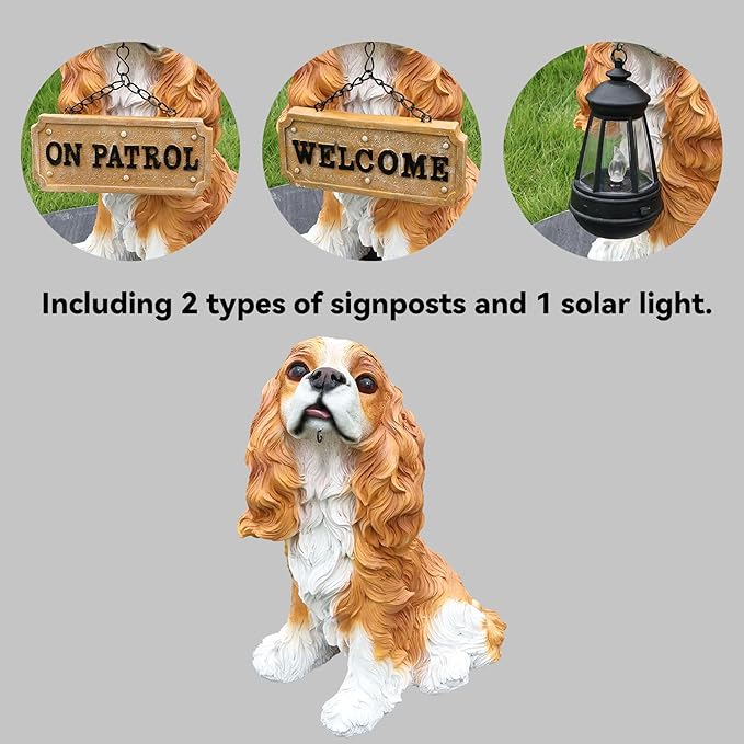 Cavalier King Charles Spaniel Statue Outdoor Decorations – Dog Statues Outdoor Blenheim Cavalier King Charles Spaniel with Replaceable Solar Light & Welcome Sign for Lawn Décor