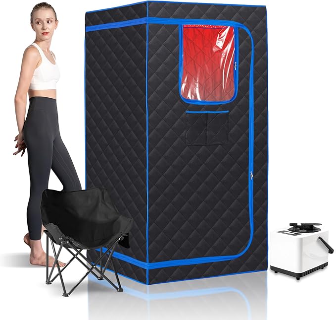 Smartmak Portable Steam Sauna, Full Body Sauna Tent for Home, 1 Person Steam Sauna Box with 660nm Red Light Therapy, 3L&1100W Sauna Steamer, Folding Chair