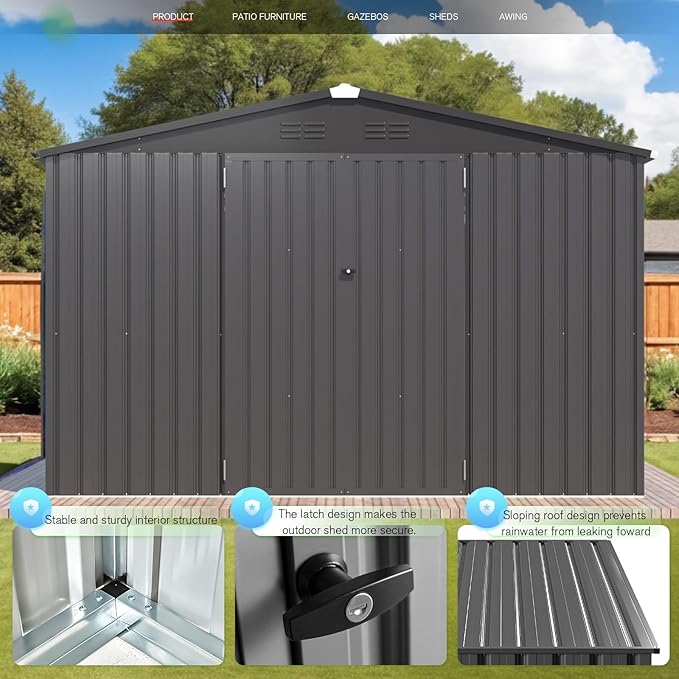 AECOJOY Shed 8' x 10' Outdoor Storage Metal Shed, Dark Grey Steel Yard Shed with Design of Lockable Doors, Utility and Tool Storage for Garden, Backyard, Patio, Outside use
