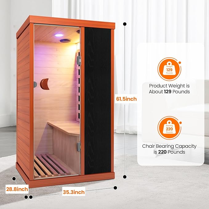 Sauna, Far Infrared Saunas for Home Room 800W/110V Indoor Sauna for Single Person Okoume Wood Sauna with 1 Person Low EMF Dry Sauna with Speakers/Air Hole and LED Color Light - 28.8 * 35.3 * 61.5 in