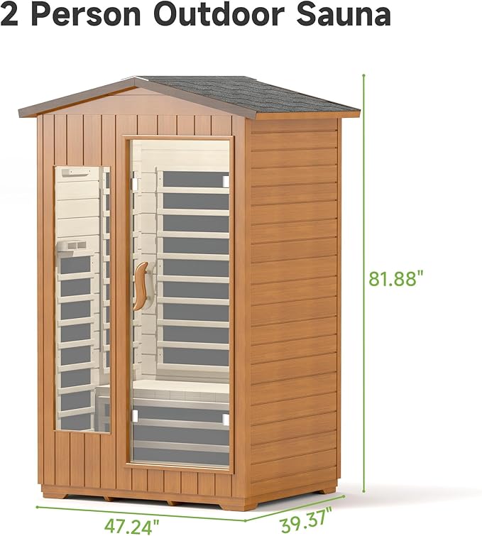 springspa Outdoor Infrared Sauna 2 Person for Home, 15amp Low EMF Far Infrared Spruce Wooden Sauna at Home with Bluetooth,LCD Panel