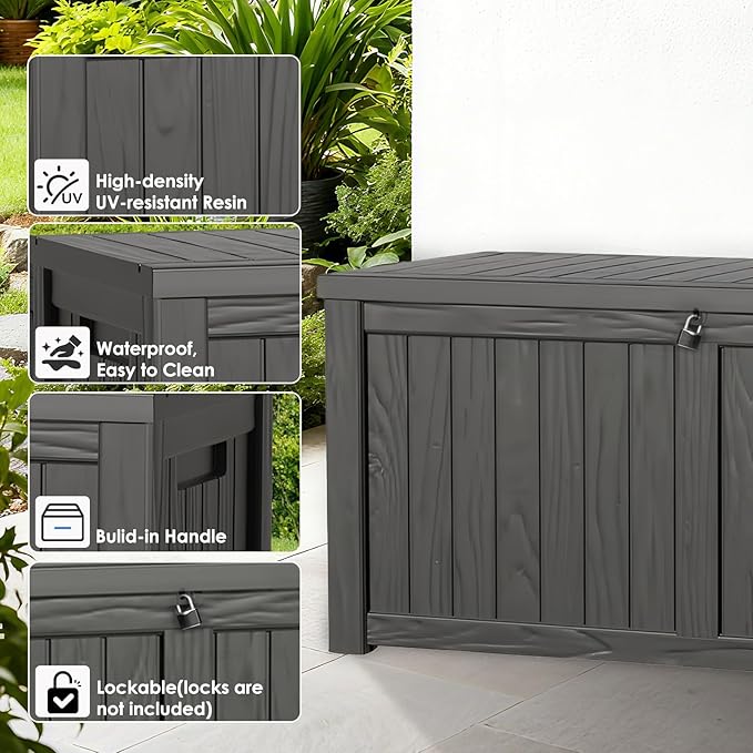 120 Gallon Resin Deck Box Outdoor with Hydraulic Rods, Waterproof Storage Box with Handles and Lockable for Store Garden Tools Backyard, Multi-Functional Seat & Table, Black