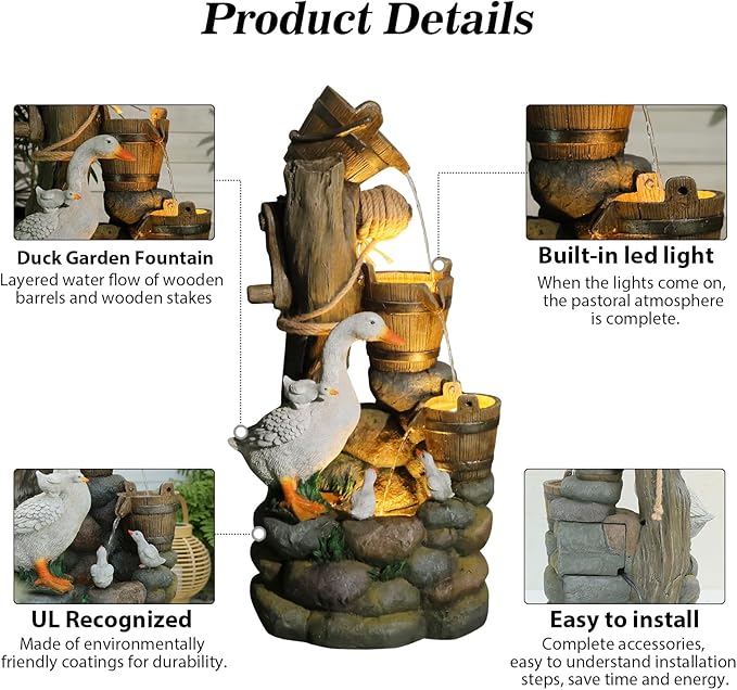 4-Tiers Cascading Outdoor Water Fountain, 31.9'' Tall Duck & Wooden Bucket Stump Waterfall Garden Fountains with LED Lights & Pump Water Feature Resin for Patio, Deck, Yard, Home Decor