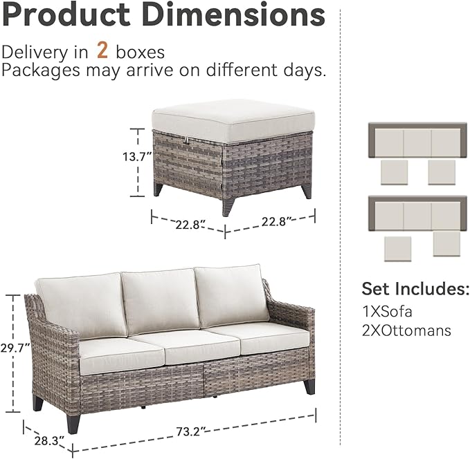 3-Piece Outdoor Bistro Set - Wicker Sofa With High Back, Ottomans, and Comfy Cushions - Rattan Conversation Set for Patio