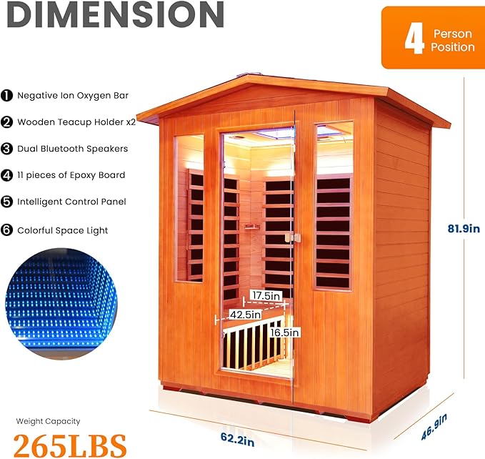 Outdoor 4 Person Sauna Far Infrared Saunas Dry Sauna Room Red Cedar and Canadian Hemlock Wood Wooden Sauna Spa 2600W 240V with 7 Color Light 62.2 * 46.8 * 81.9 inches