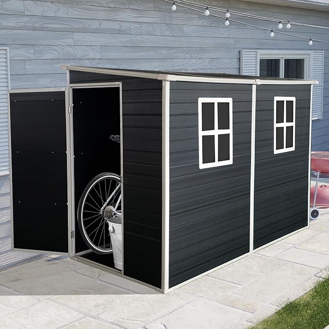 LANTRO JS Plastic Shed with Floor Included, Outdoor Plastic Shed, 4x8FT Storage Shed with Floor Included with Two Windows, Lockable Doors for Garden Tools