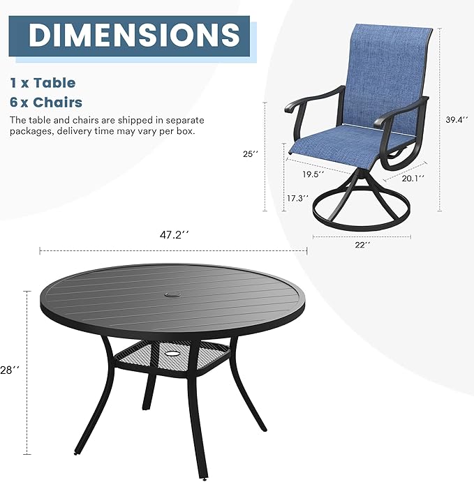 DIFY 7 Pieces Outdoor Patio Dining Set, 6 Blue Textilene Swivel Dining Chairs and 47.2" Black Round Dining Table, Metal Outdoor Table and Chairs