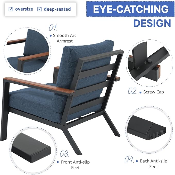 Soleil Jardin Aluminum Patio Furniture Armchair Set of 2, Outdoor Patio Chair with FSC Certified Solid Wood Top, Outdoor Conversation Set Deep Seating Single Chair w/Removable Cushion, Denim Blue