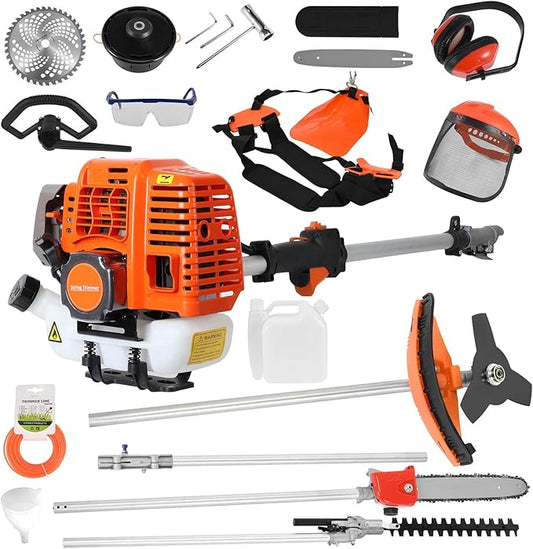 5 in 1 Weed Wacker Gas Powered, 52CC 2-Stroke Gas Weed Trimmer, Gas String Trimmer Cordless Hedge Trimmer, Brush Cutter, Lawn Mower, Handheld Chainsaw Hedge Pruner, Pole Saw Orange