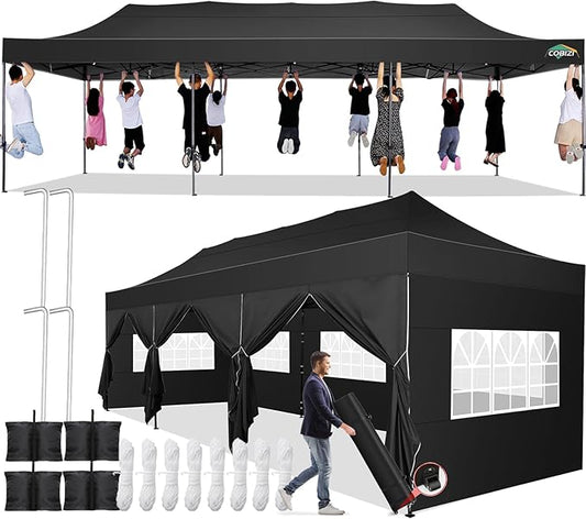 COBIZI 10x30 Pop up Canopy Tent 10x30 Canopy with Sidewall Waterproof Heavy Duty Commercial for Parties Outdoor Garden Gazebo Tent, Carry Bag with Wheel(10x30ft with Sidewalls,Black)