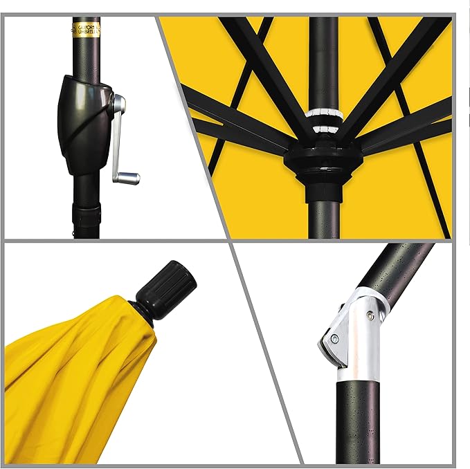 California Umbrella GSPT908302-5457 9' Round Aluminum Market, Crank Lift, Push Button Tilt, Black Pole, Sunbrella Sunflower Yellow
