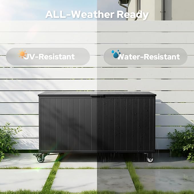 150 Gallon Outdoor Storage Box with Wheels, Metal Deck Box Waterproof, UV Resistant Patio Storage Box with Lid for Patio Furniture, Garden Tools, Outdoor Cushion (Charcoal)