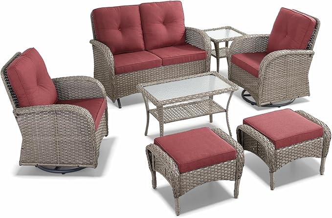 HUMMUH 7 Pieces Wicker Patio Conversation Set Outdoor Glider Loveseat with Patio Swivel Rocking Chairs Outdoor Patio Set for Deck Lawn Porch Balcony Poolside-Grey/Red