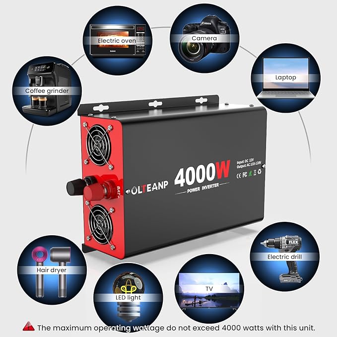 4000 Watt Power Inverter 12V DC to 110V AC Car Inverter with 4 AC Outlets, 30W Type-C Port, 3.1A USB Port, Remote Controller on LCD Screen, Peak 8000W Car Converter for Truck,Vehicles,Trip