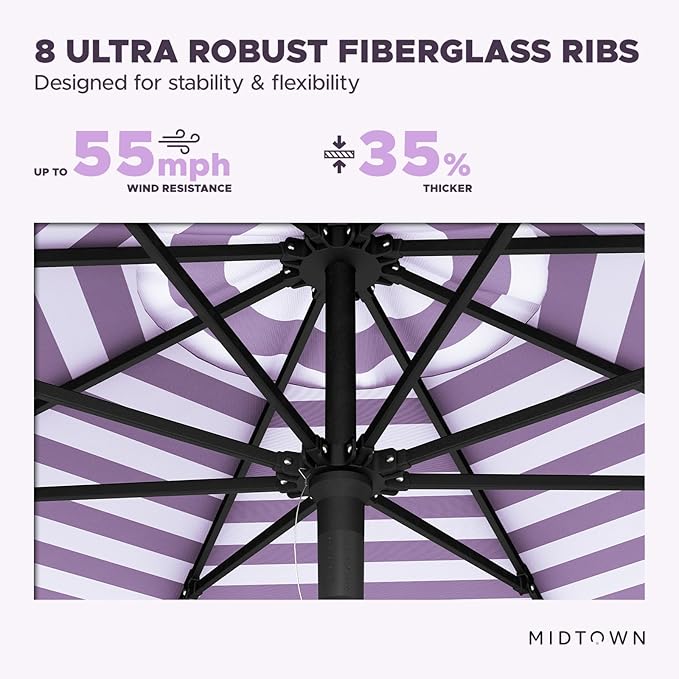 Midtown Umbrellas Push and Pop 10 Feet Outdoor Umbrella, Purple/White Stripes Polyester Fabric - Fiberglass Ribs Deck Patio Umbrella, Backyard Umbrella, Garden Umbrella & Pool Umbrella - Black Pole