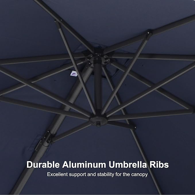 PURPLE LEAF 8' X 8' Patio Umbrella with Base for Pool 7' High Offset Outdoor Cantilever Umbrella Swimming Pool Umbrella with 360°Rotation for Poolside Navy Blue