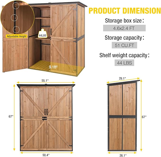 Aivituvin Shed Outdoor Storage Cabinet with Durable Metal Frame Waterproof Garden Tool Storage with Adjustable Shevels and Floor for Backyard Garden Patio Lawn, 55" L, Brown