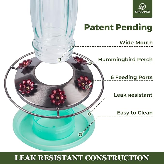 Kingsyard Glass Hummingbird Feeder for Outdoors Wild Bird Feeder with 6 Feeding Ports Hanging for Garden Yard, Green (Ant Moat Included)