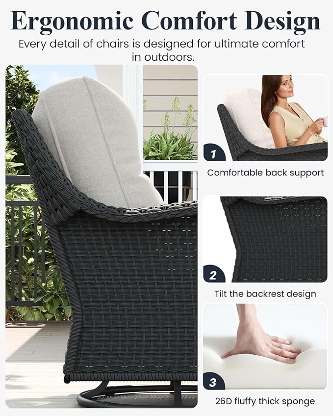 LayinSun 7 Piece Wicker Outdoor Furniture Set with 6-inch Comfy Cushions, High Back Patio Furniture Set with Swivel Rocking Chairs and Side Table
